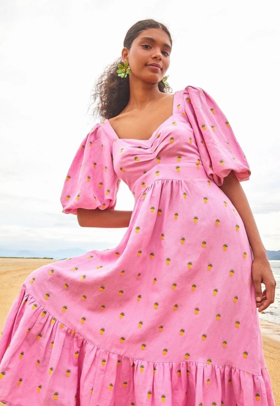 Farm Rio Pink Linen Embroidered Pineapples Tiered Midi Dress SMALL